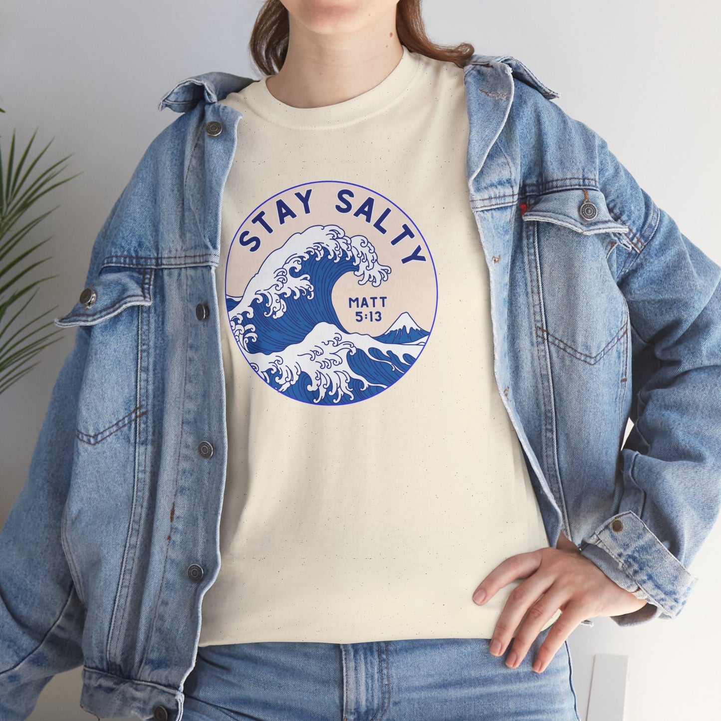 Stay Salty Surf T-Shirt — Coastal Wave Graphic with Matthew 5:13 (Hokusai-Inspired)