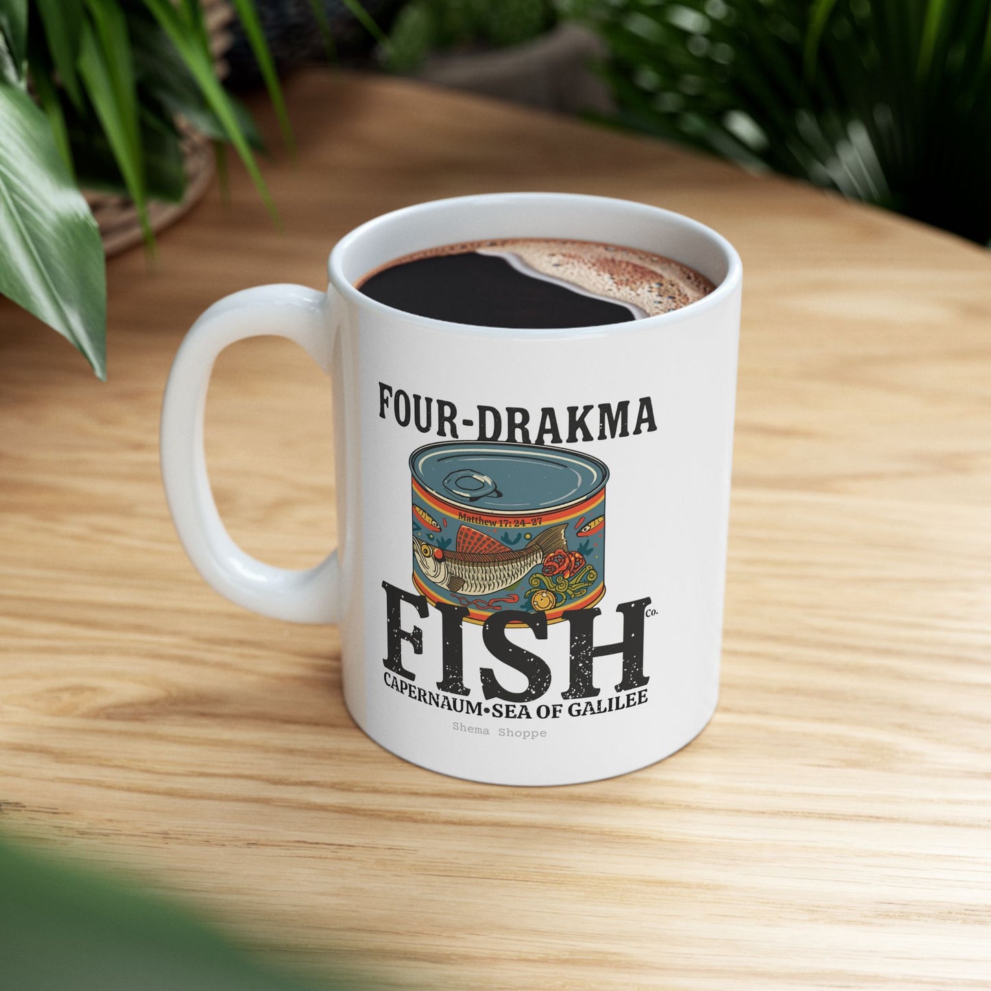 Vintage Label Four-Drakma Fish Company Ceramic Cafe Design, Funny Coffee Lover Gift, Tea Mug for Home, Office, Unique Drinkware for Bibliophiles