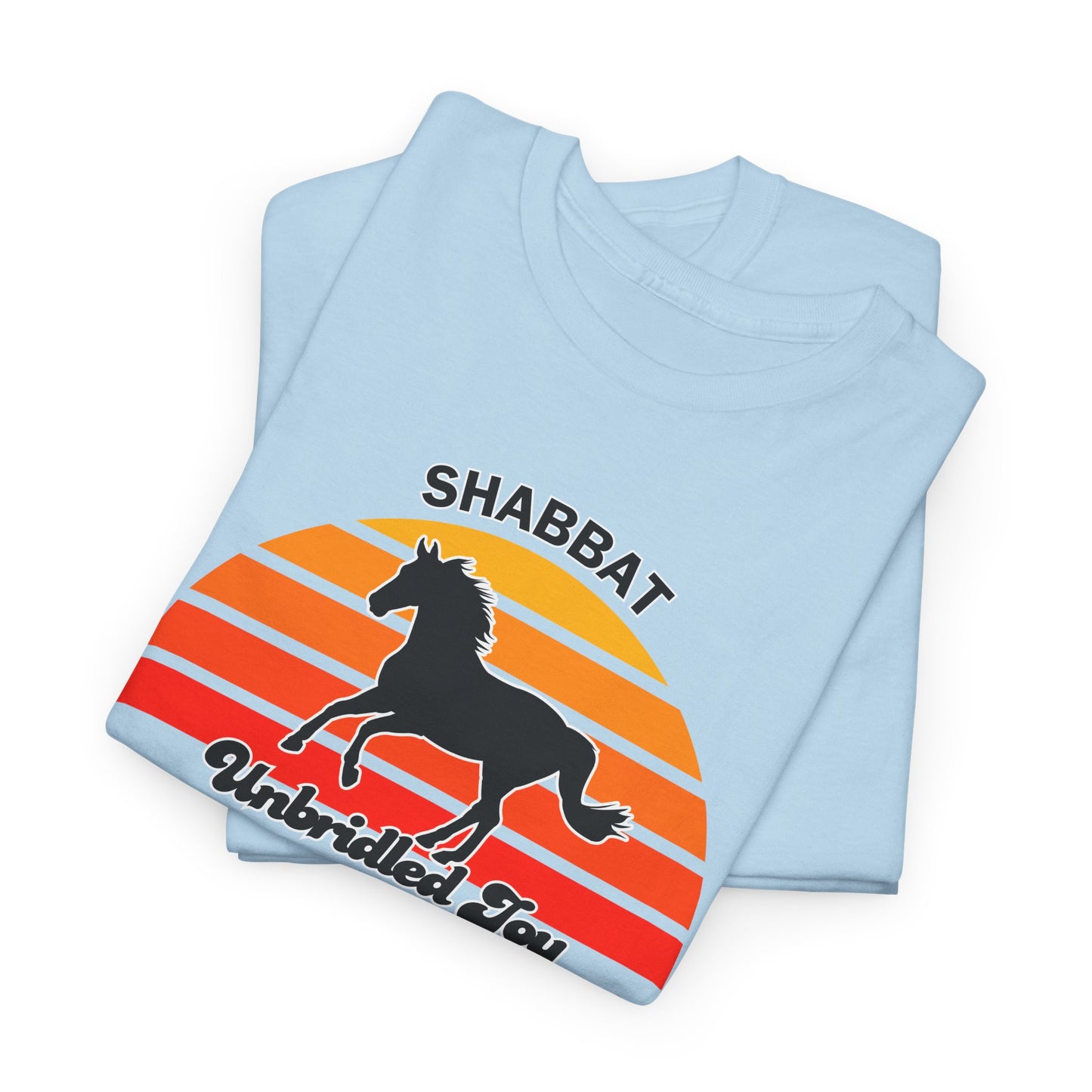 Shabbat Unbridled Joy Tee — Retro Horse Sabbath Sunset T‑Shirt