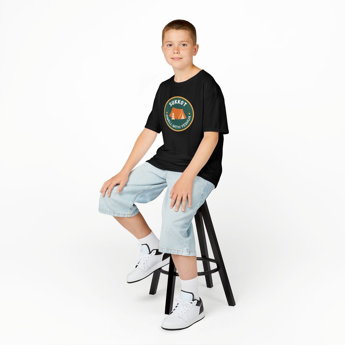 Kids Sukkot Tee — 'Sukkot - Dwell with Yeshua' Camping Badge Shirt