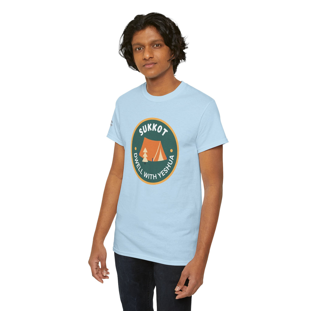 Sukkot Camping Tee — “Dwell With Yeshua” Biblical Feast T‑Shirt