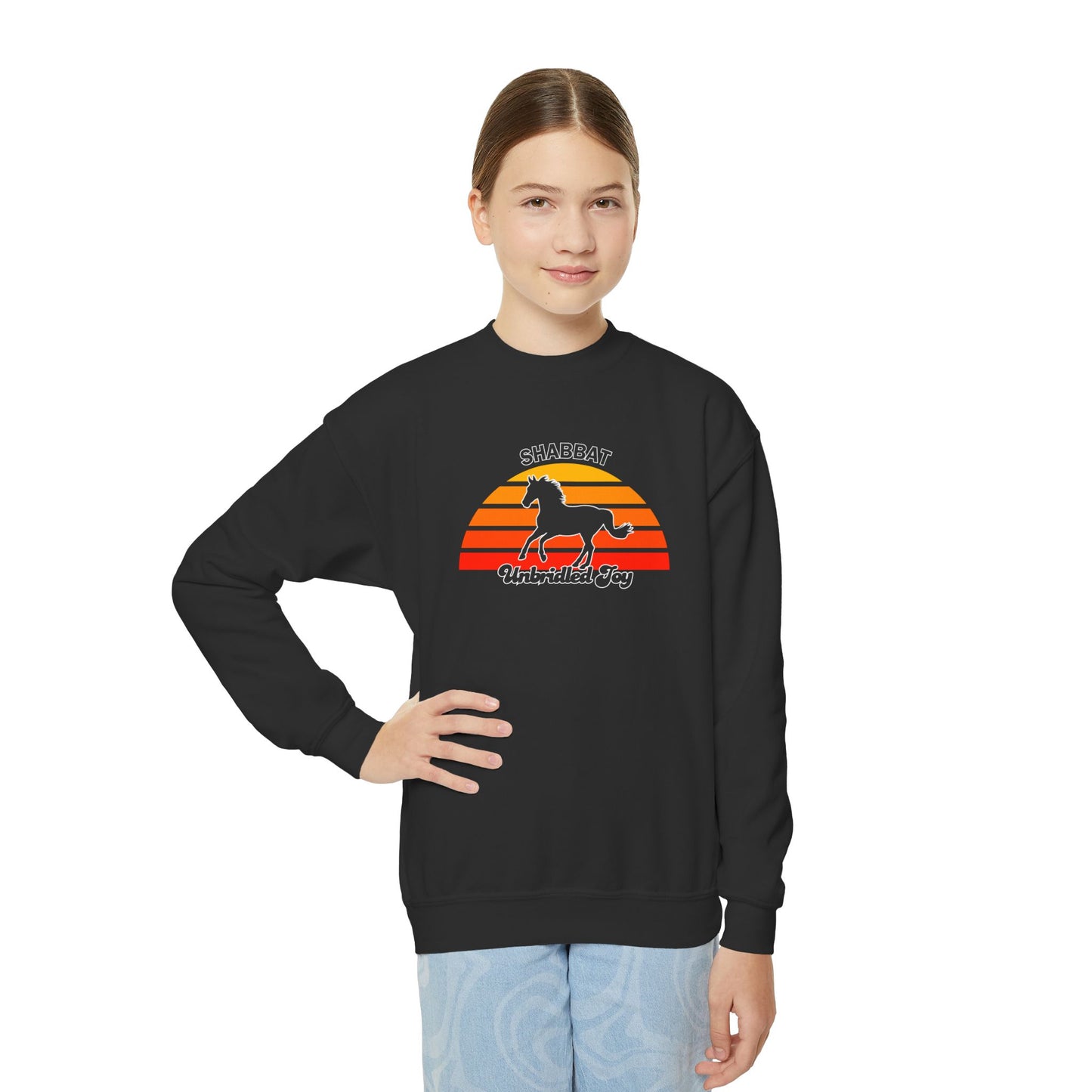 Youth Crewneck Sweatshirt — "Shabbat: Unbridled Joy" Retro Sunset Horse Design