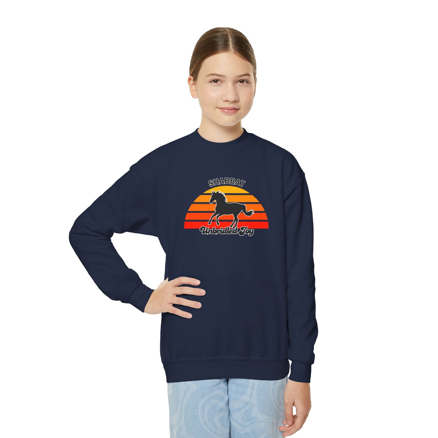 Youth Crewneck Sweatshirt — "Shabbat: Unbridled Joy" Retro Sunset Horse Design
