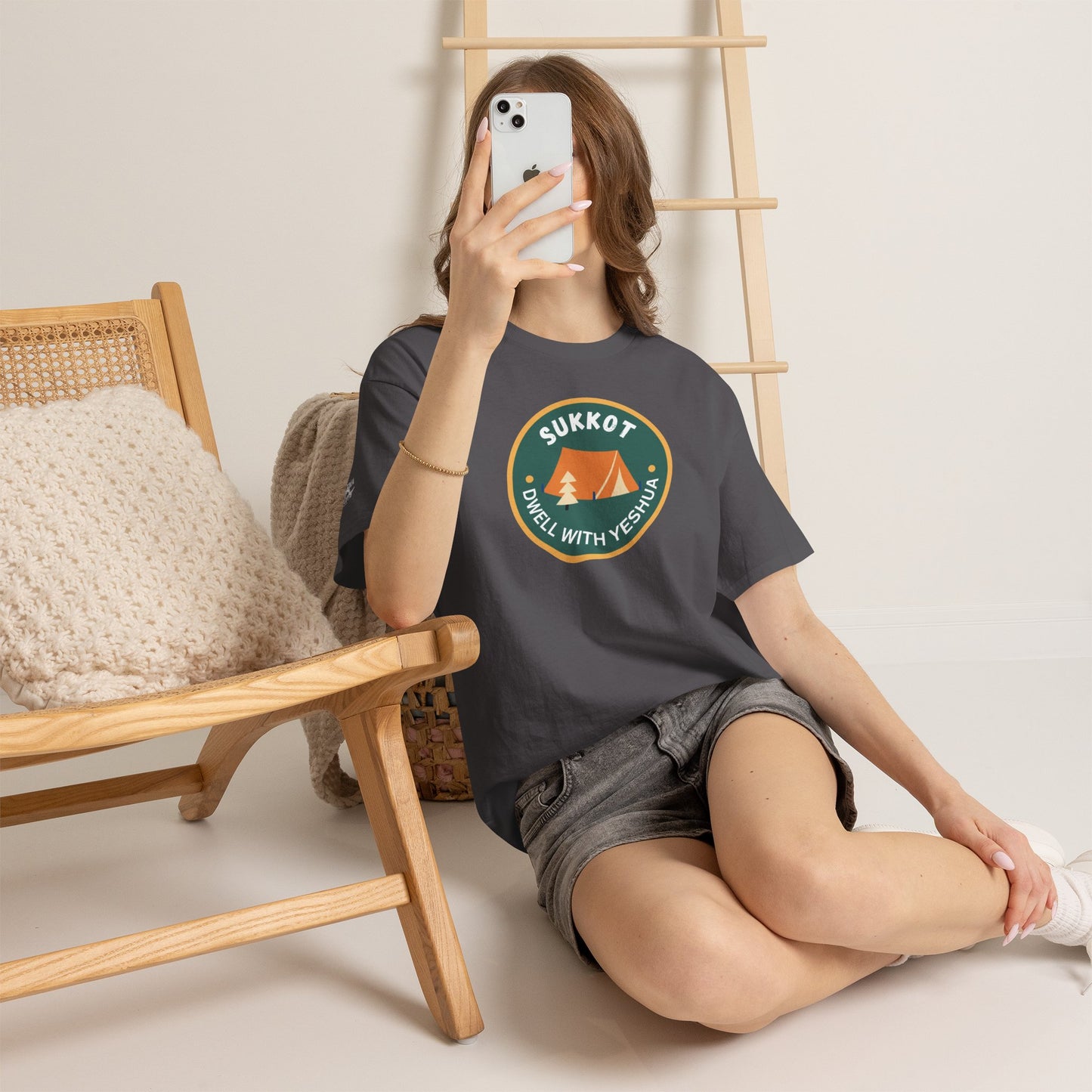 Sukkot Camping Tee — “Dwell With Yeshua” Biblical Feast T‑Shirt