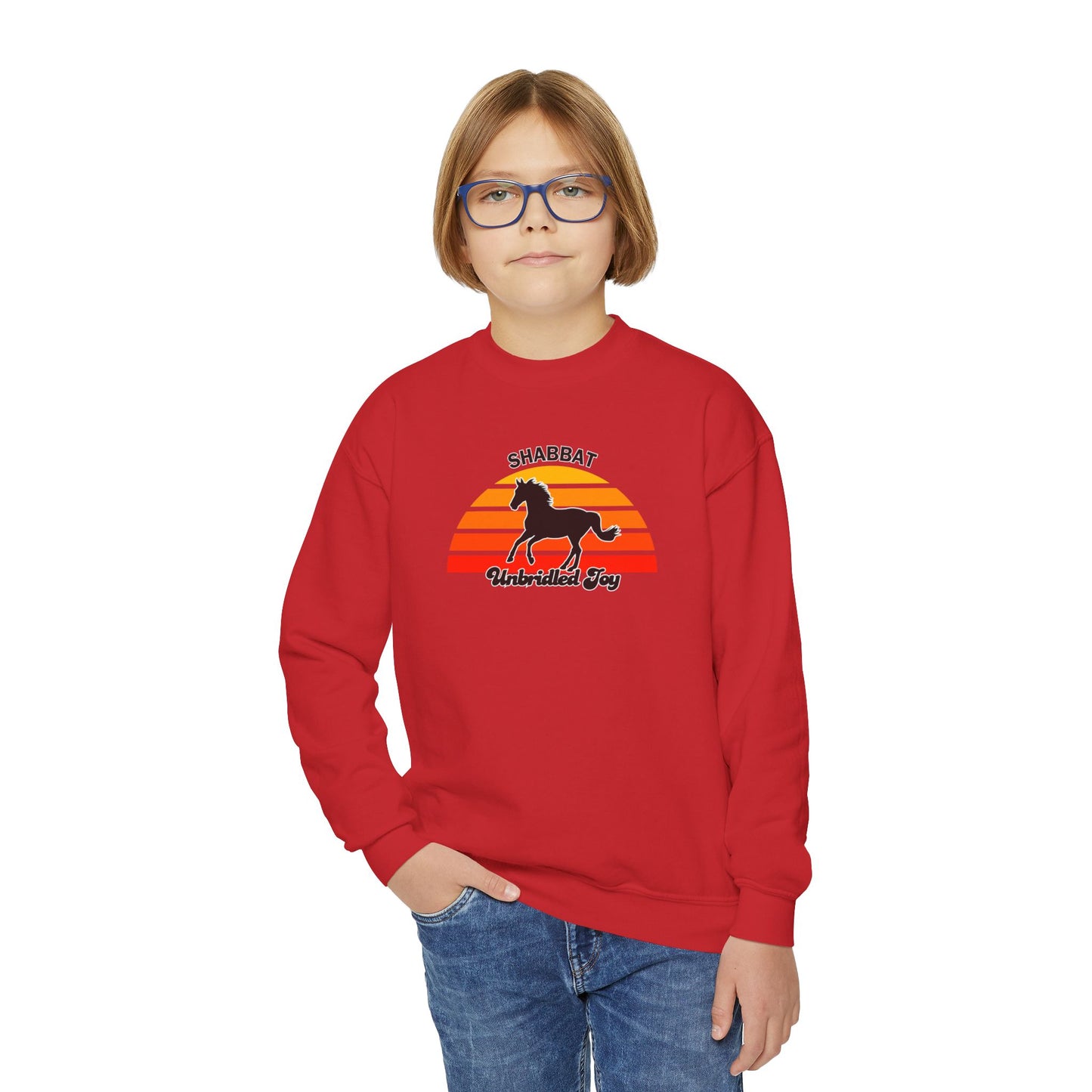 Youth Crewneck Sweatshirt — "Shabbat: Unbridled Joy" Retro Sunset Horse Design