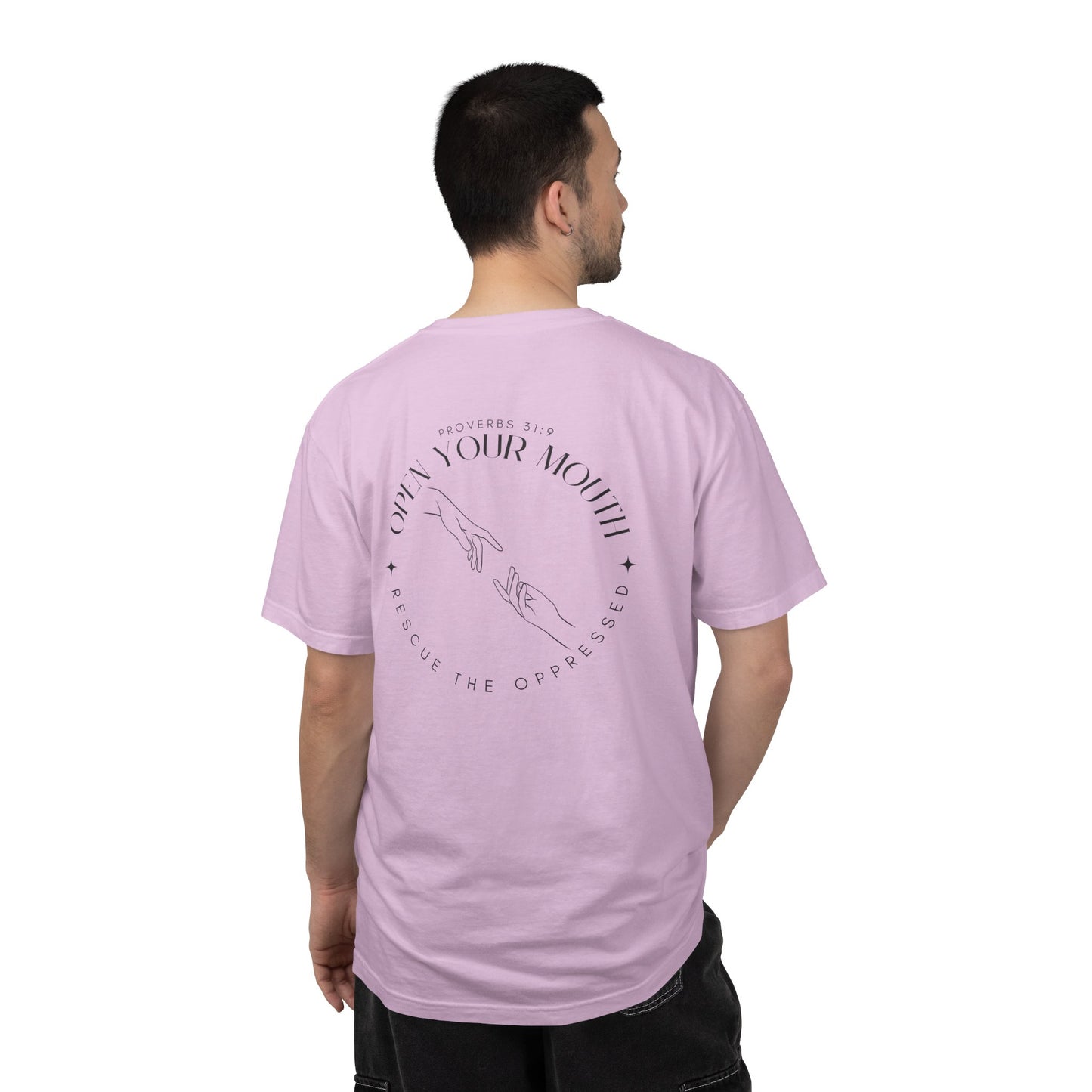 Open your Mouth Garment-Dyed T-Shirt — Rescue the Oppressed Back Print