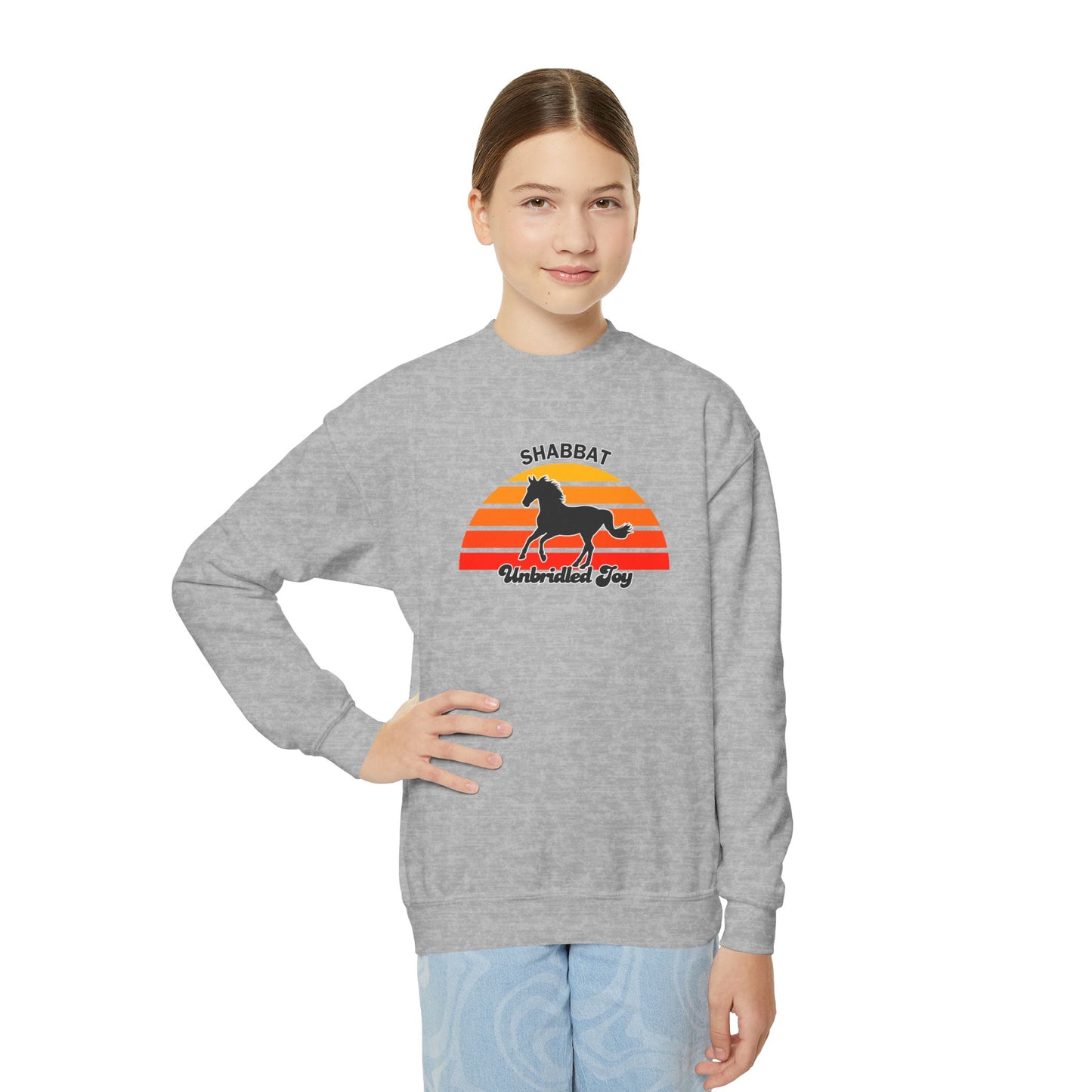 Youth Crewneck Sweatshirt — "Shabbat: Unbridled Joy" Retro Sunset Horse Design