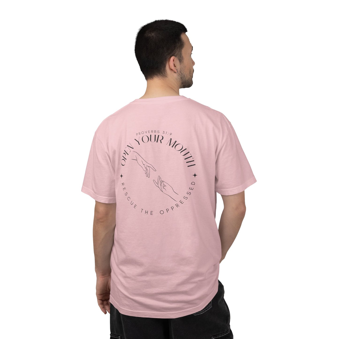 Open your Mouth Garment-Dyed T-Shirt — Rescue the Oppressed Back Print