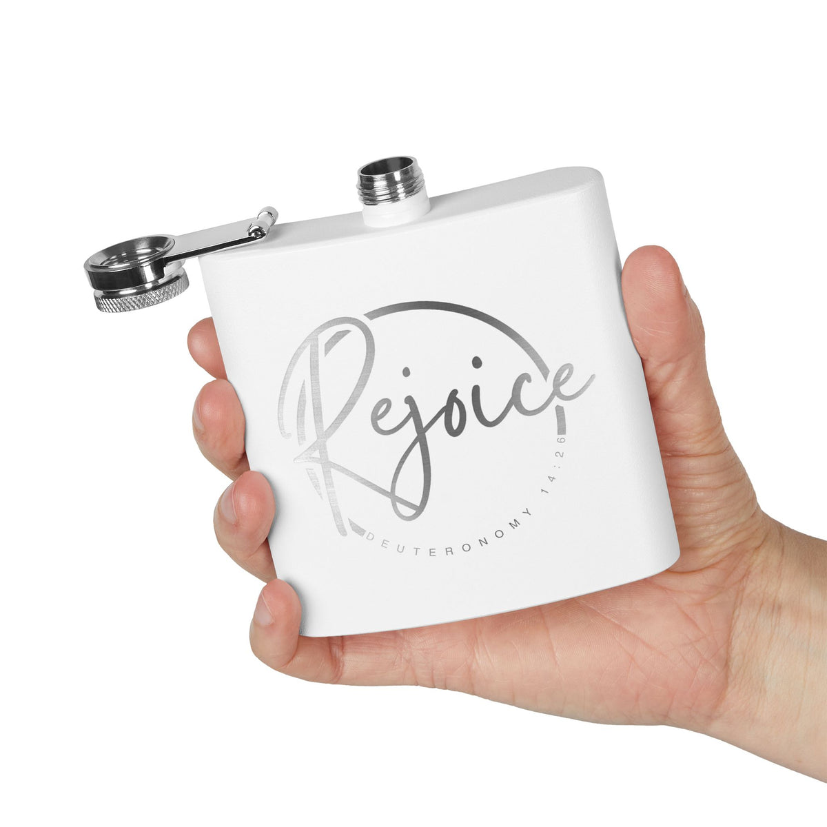 Rejoice Stainless Steel Flask — 6oz Inspirational Biblical Feasts Hip Flask (Deuteronomy 12:7)
