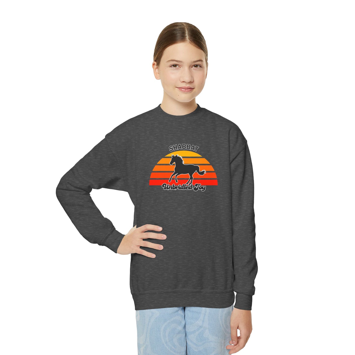 Youth Crewneck Sweatshirt — "Shabbat: Unbridled Joy" Retro Sunset Horse Design