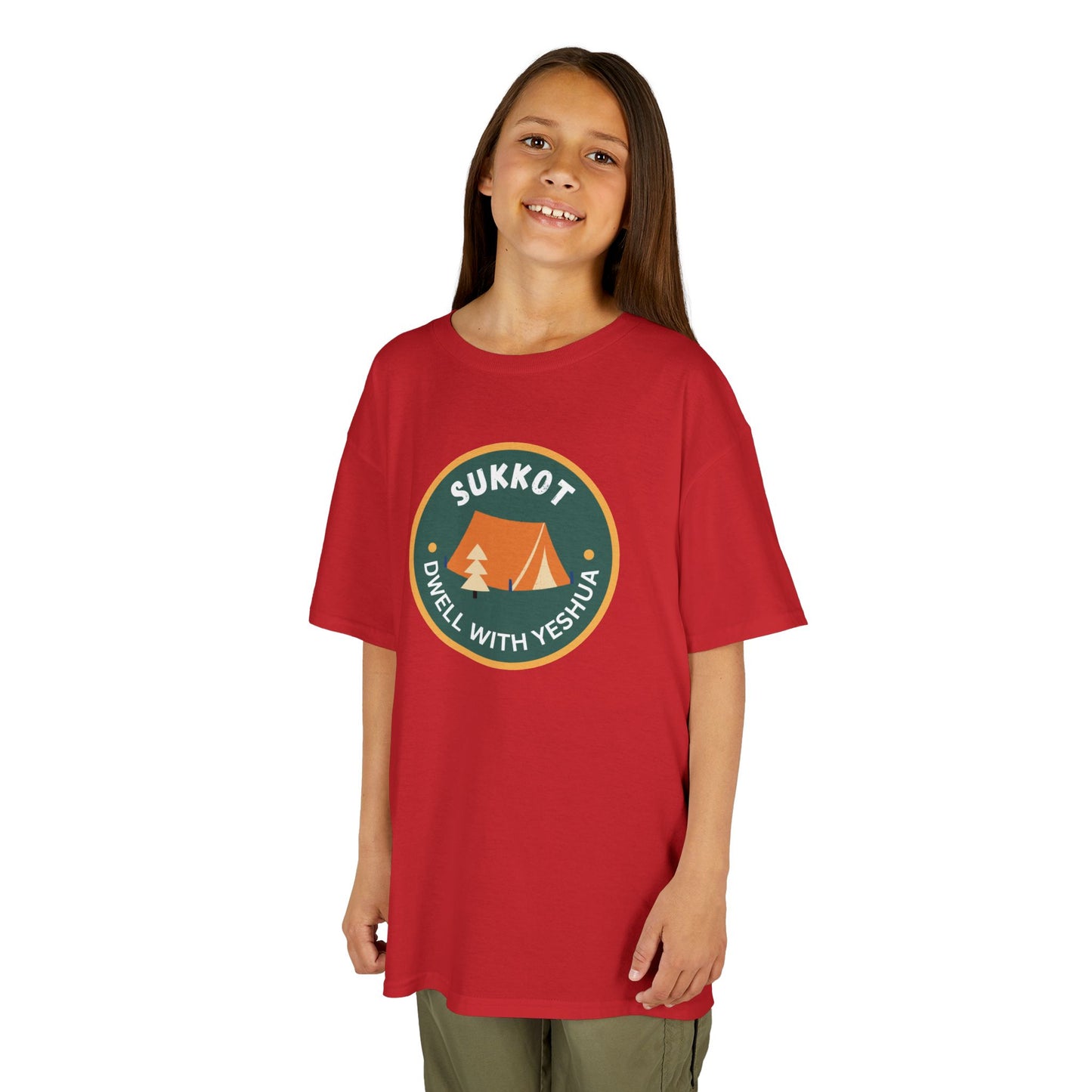 Kids Sukkot Tee — 'Sukkot - Dwell with Yeshua' Camping Badge Shirt