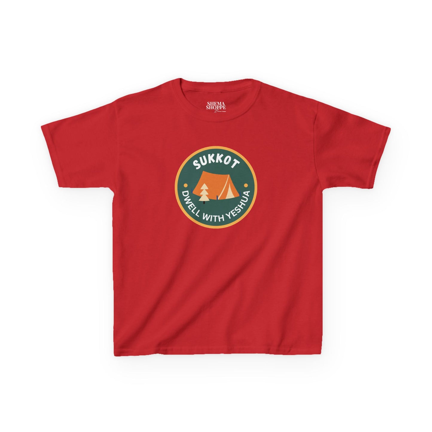 Kids Sukkot Tee — 'Sukkot - Dwell with Yeshua' Camping Badge Shirt