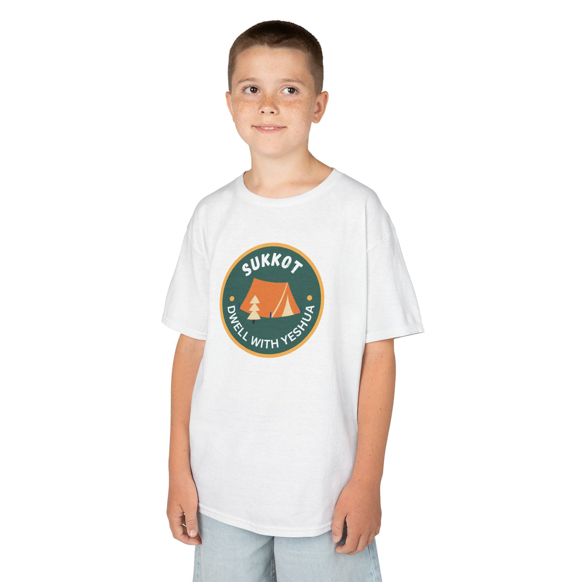 Kids Sukkot Tee — 'Sukkot - Dwell with Yeshua' Camping Badge Shirt
