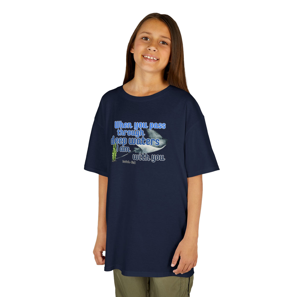"When you pass through deep waters I am with you" Stingray Bible Verse Shirt Kid's Shirt