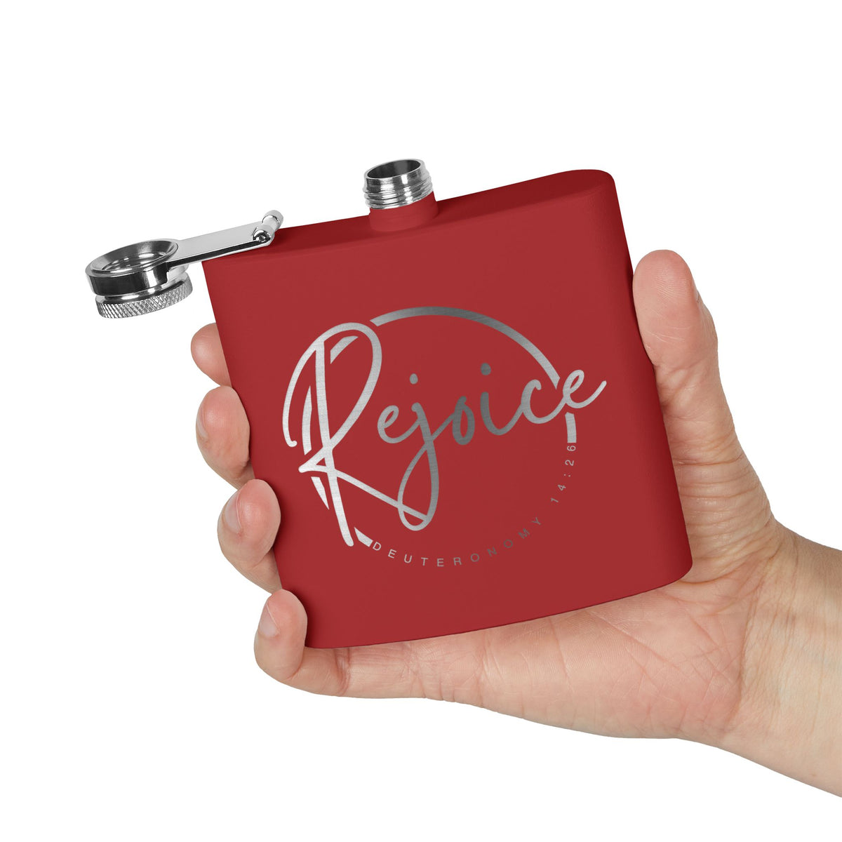 Rejoice Stainless Steel Flask — 6oz Inspirational Biblical Feasts Hip Flask (Deuteronomy 12:7)
