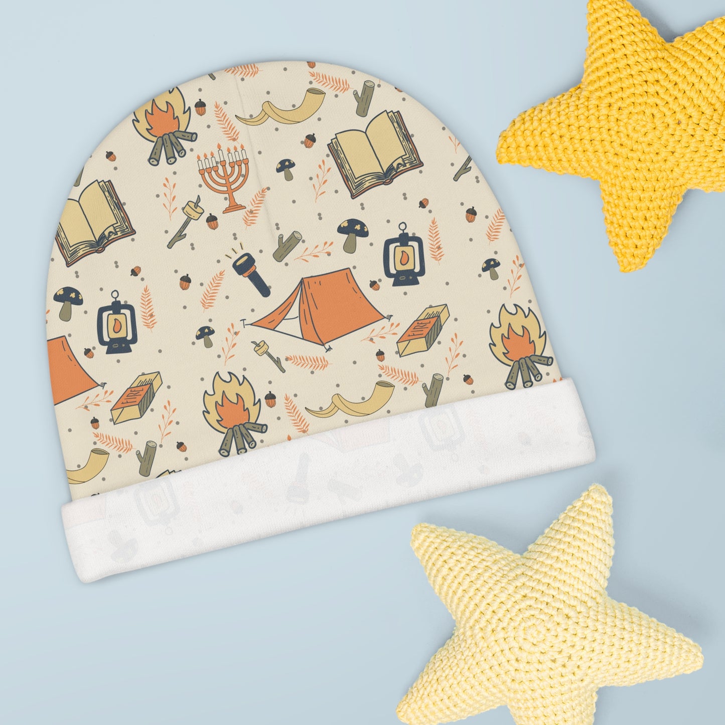 Baby Beanie — Camping & Holiday Symbols All-Over Print Newborn Hat