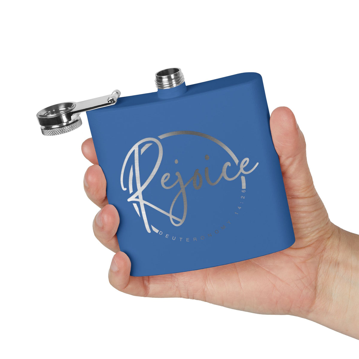 Rejoice Stainless Steel Flask — 6oz Inspirational Biblical Feasts Hip Flask (Deuteronomy 12:7)