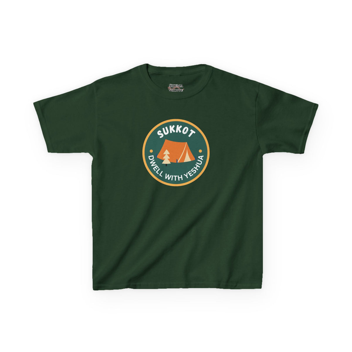Kids Sukkot Tee — 'Sukkot - Dwell with Yeshua' Camping Badge Shirt