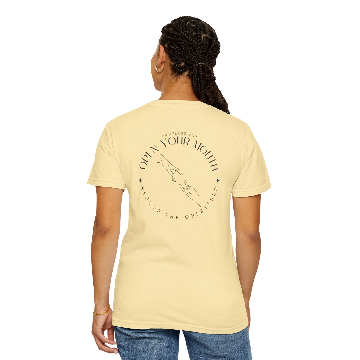 Open your Mouth Garment-Dyed T-Shirt — Rescue the Oppressed Back Print