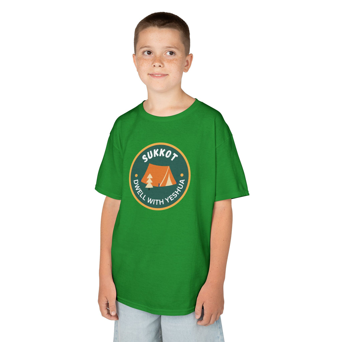 Kids Sukkot Tee — 'Sukkot - Dwell with Yeshua' Camping Badge Shirt