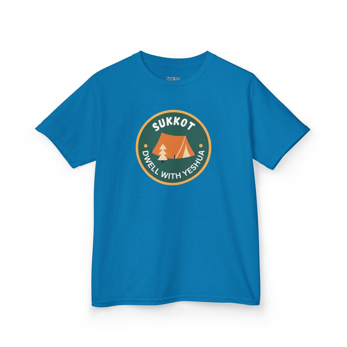 Kids Sukkot Tee — 'Sukkot - Dwell with Yeshua' Camping Badge Shirt