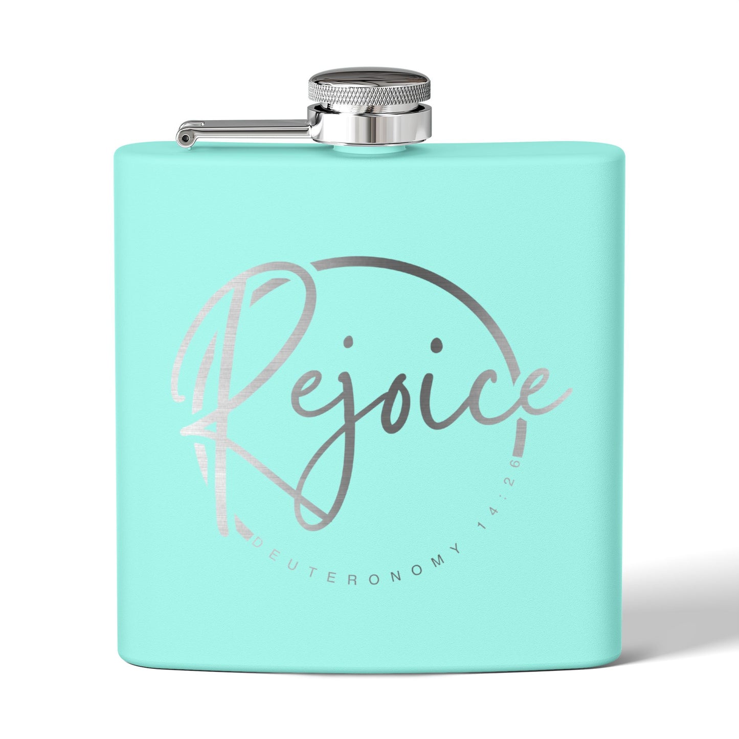 Rejoice Stainless Steel Flask — 6oz Inspirational Biblical Feasts Hip Flask (Deuteronomy 12:7)