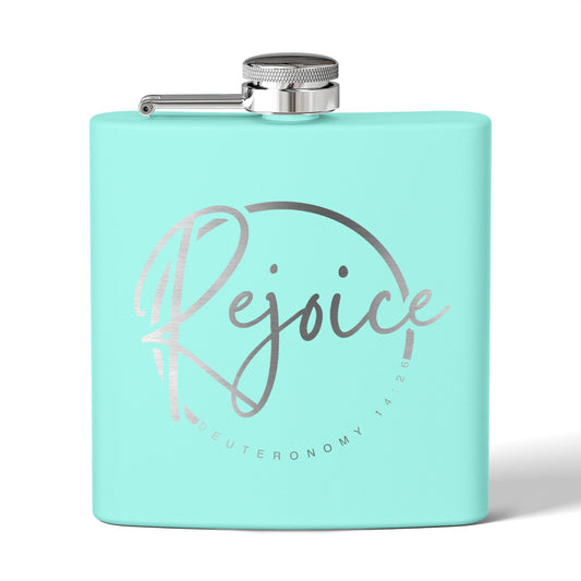 Rejoice Stainless Steel Flask — 6oz Inspirational Biblical Feasts Hip Flask (Deuteronomy 12:7)
