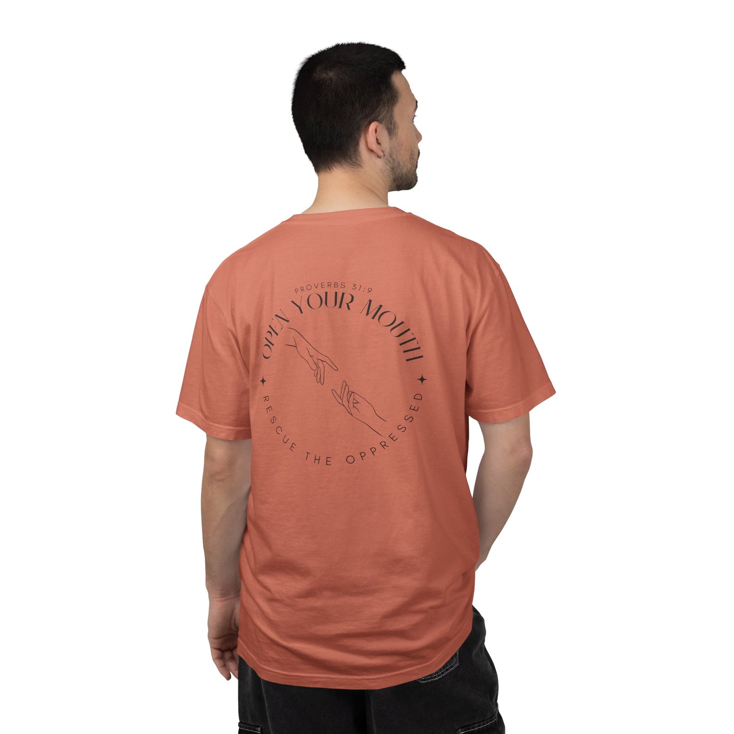 Open your Mouth Garment-Dyed T-Shirt — Rescue the Oppressed Back Print