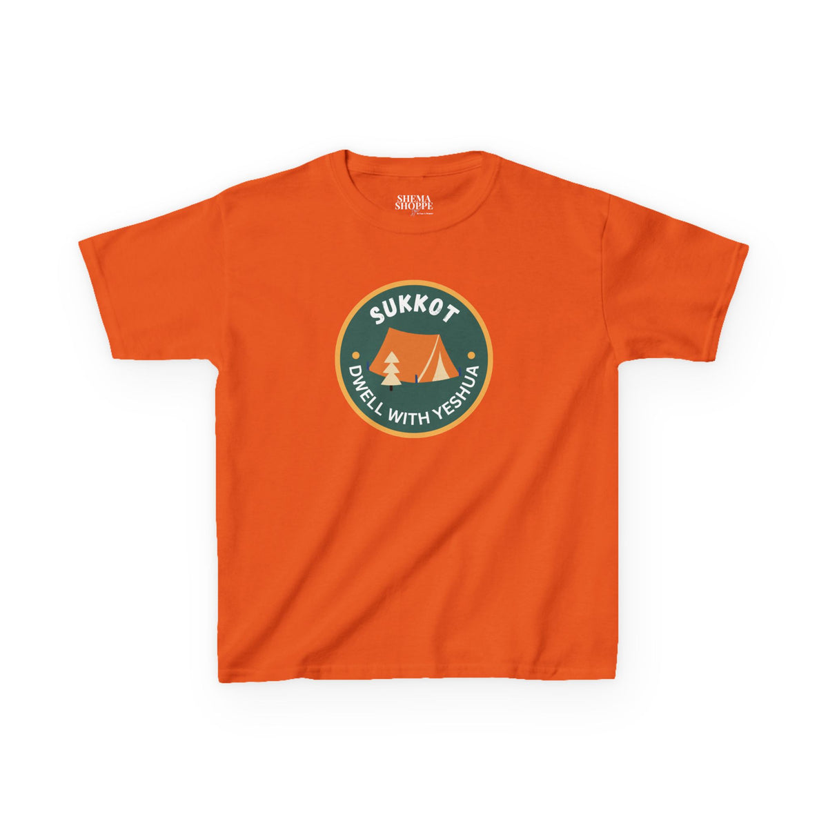 Kids Sukkot Tee — 'Sukkot - Dwell with Yeshua' Camping Badge Shirt