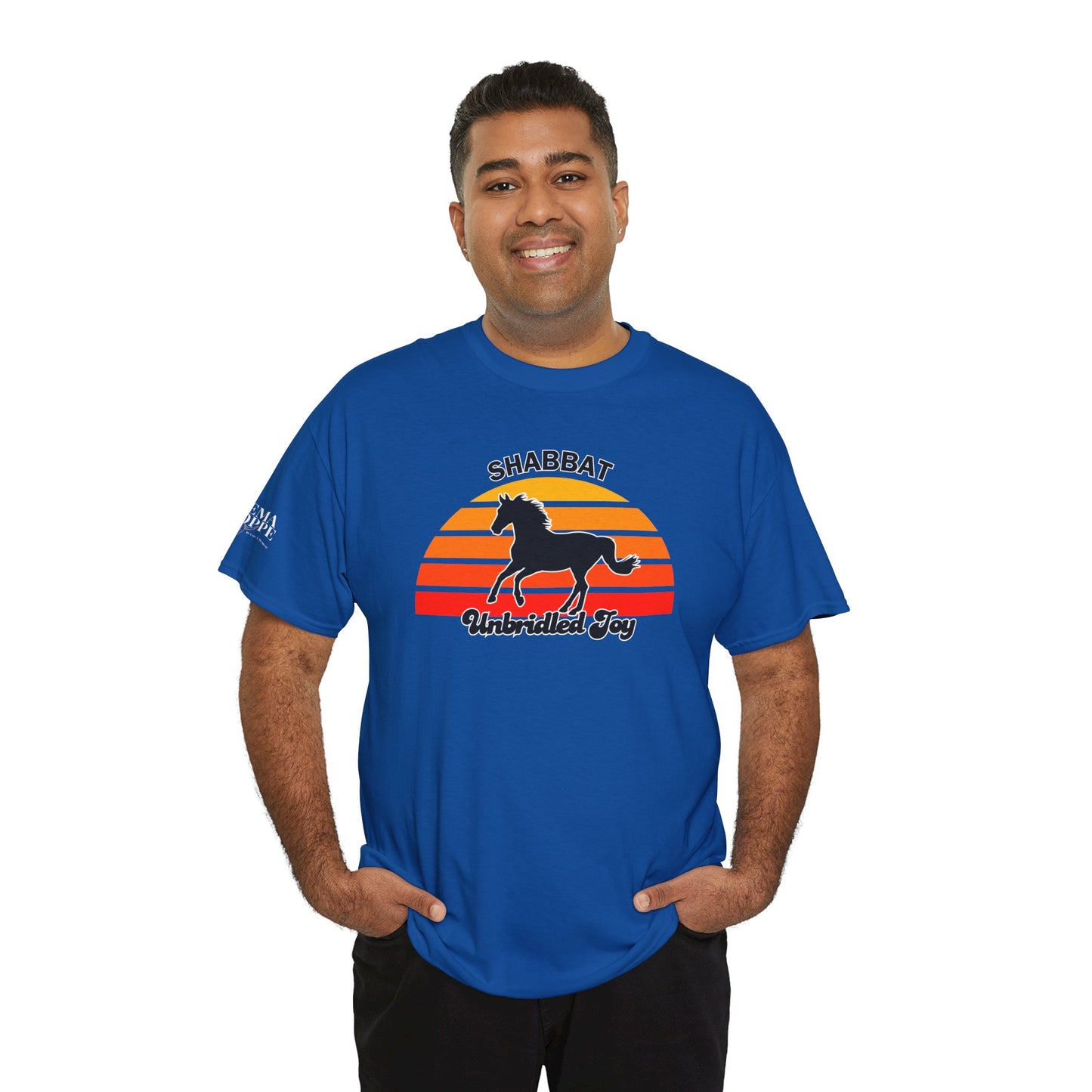 Shabbat Unbridled Joy Tee — Retro Horse Sabbath Sunset T‑Shirt