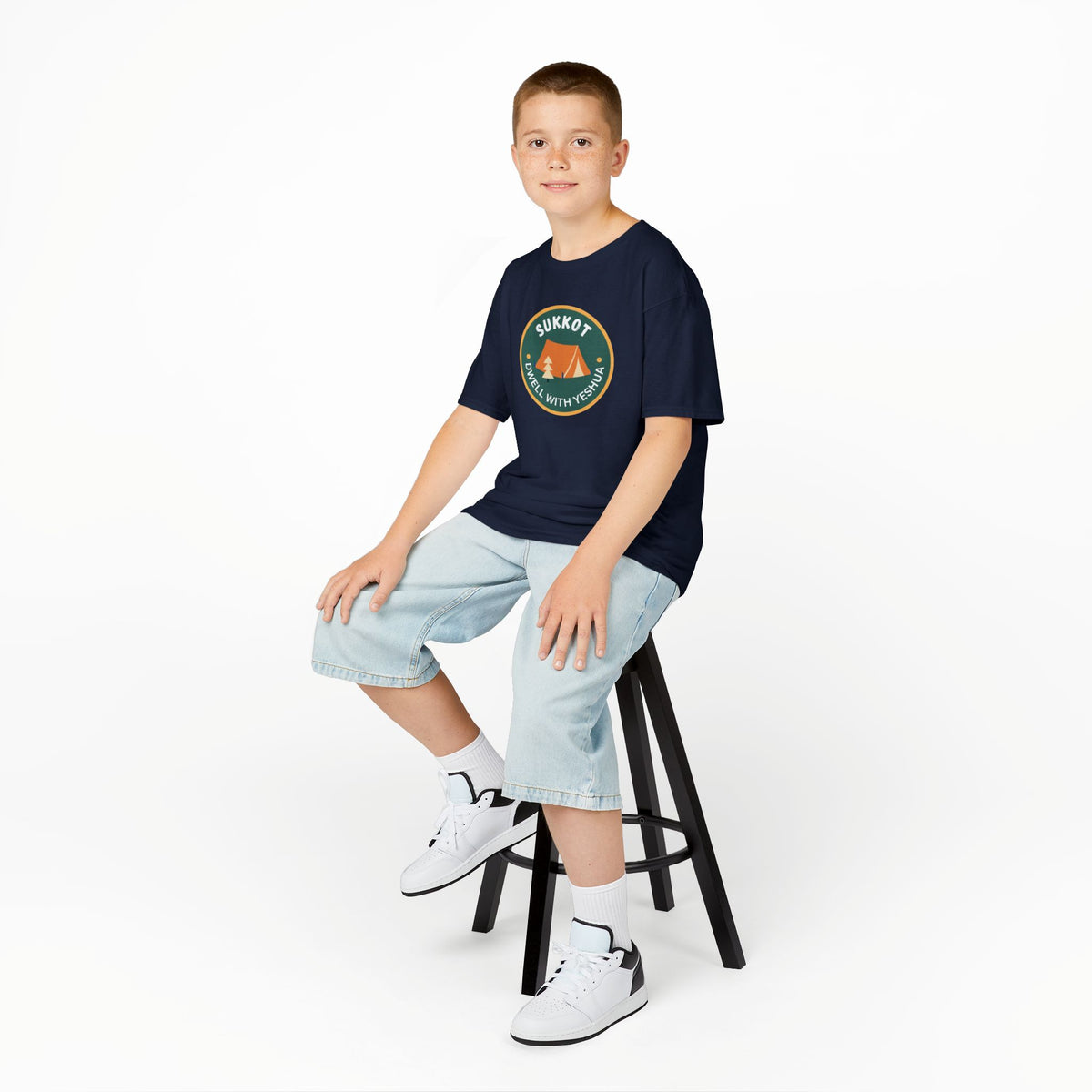 Kids Sukkot Tee — 'Sukkot - Dwell with Yeshua' Camping Badge Shirt