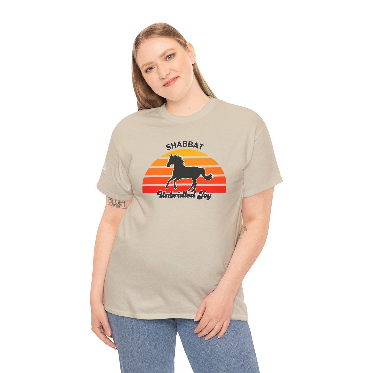 Shabbat Unbridled Joy Tee — Retro Horse Sabbath Sunset T‑Shirt