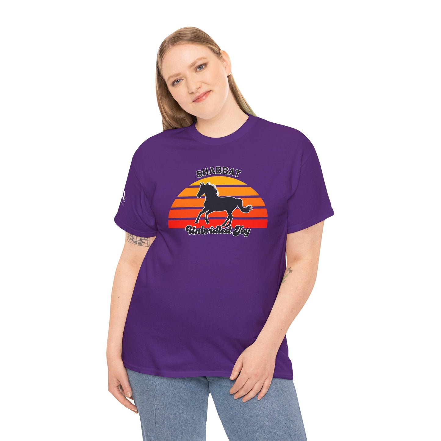 Shabbat Unbridled Joy Tee — Retro Horse Sabbath Sunset T‑Shirt