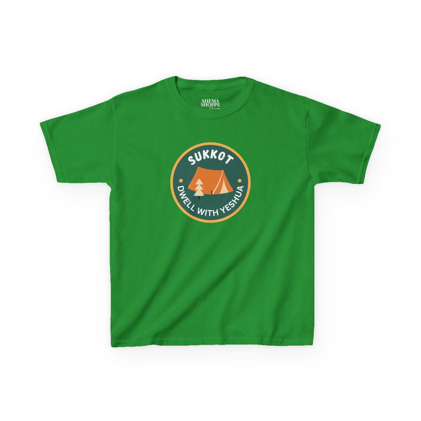 Kids Sukkot Tee — 'Sukkot - Dwell with Yeshua' Camping Badge Shirt