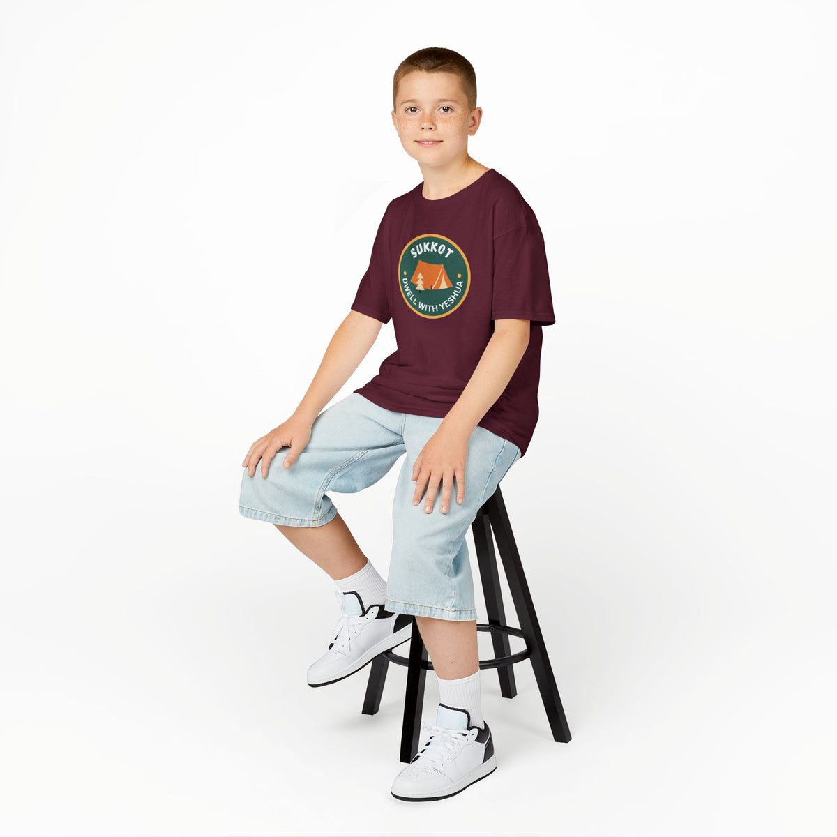 Kids Sukkot Tee — 'Sukkot - Dwell with Yeshua' Camping Badge Shirt