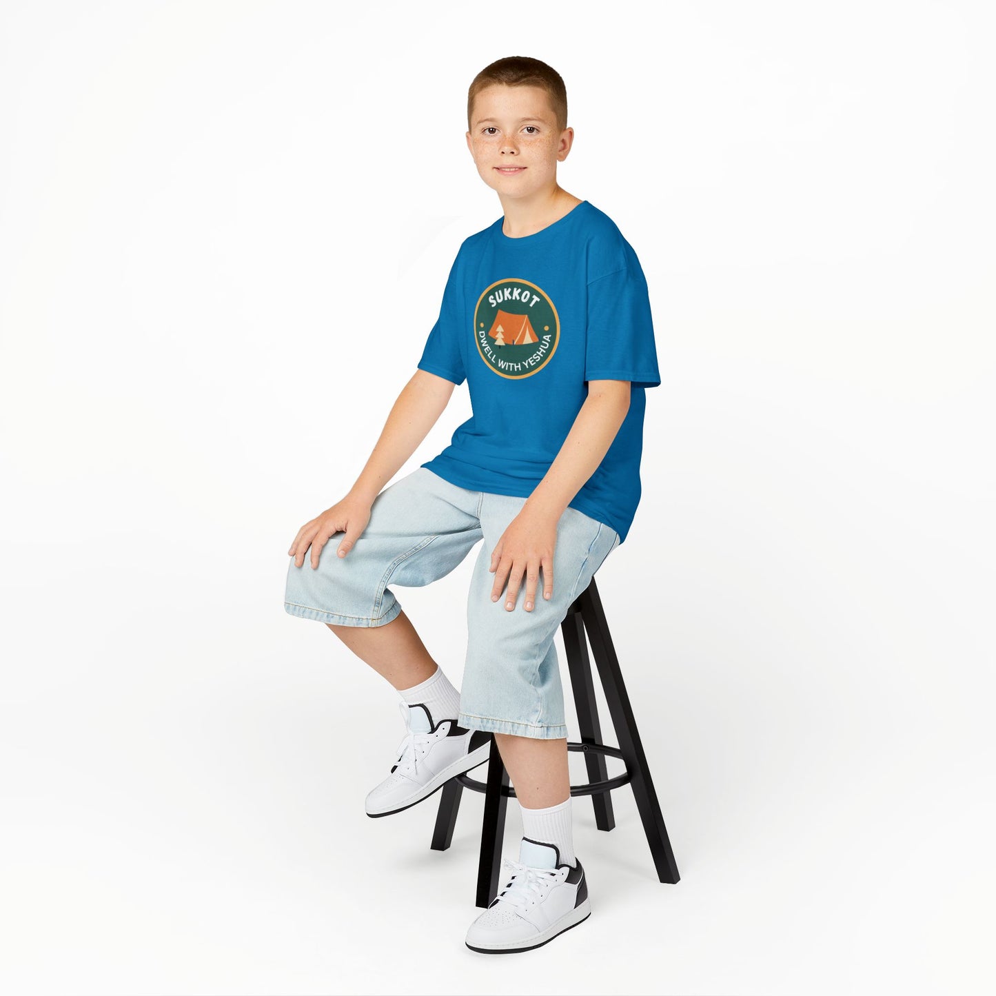 Kids Sukkot Tee — 'Sukkot - Dwell with Yeshua' Camping Badge Shirt