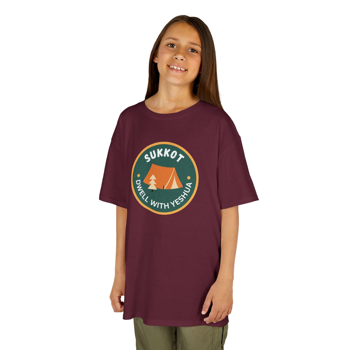 Kids Sukkot Tee — 'Sukkot - Dwell with Yeshua' Camping Badge Shirt