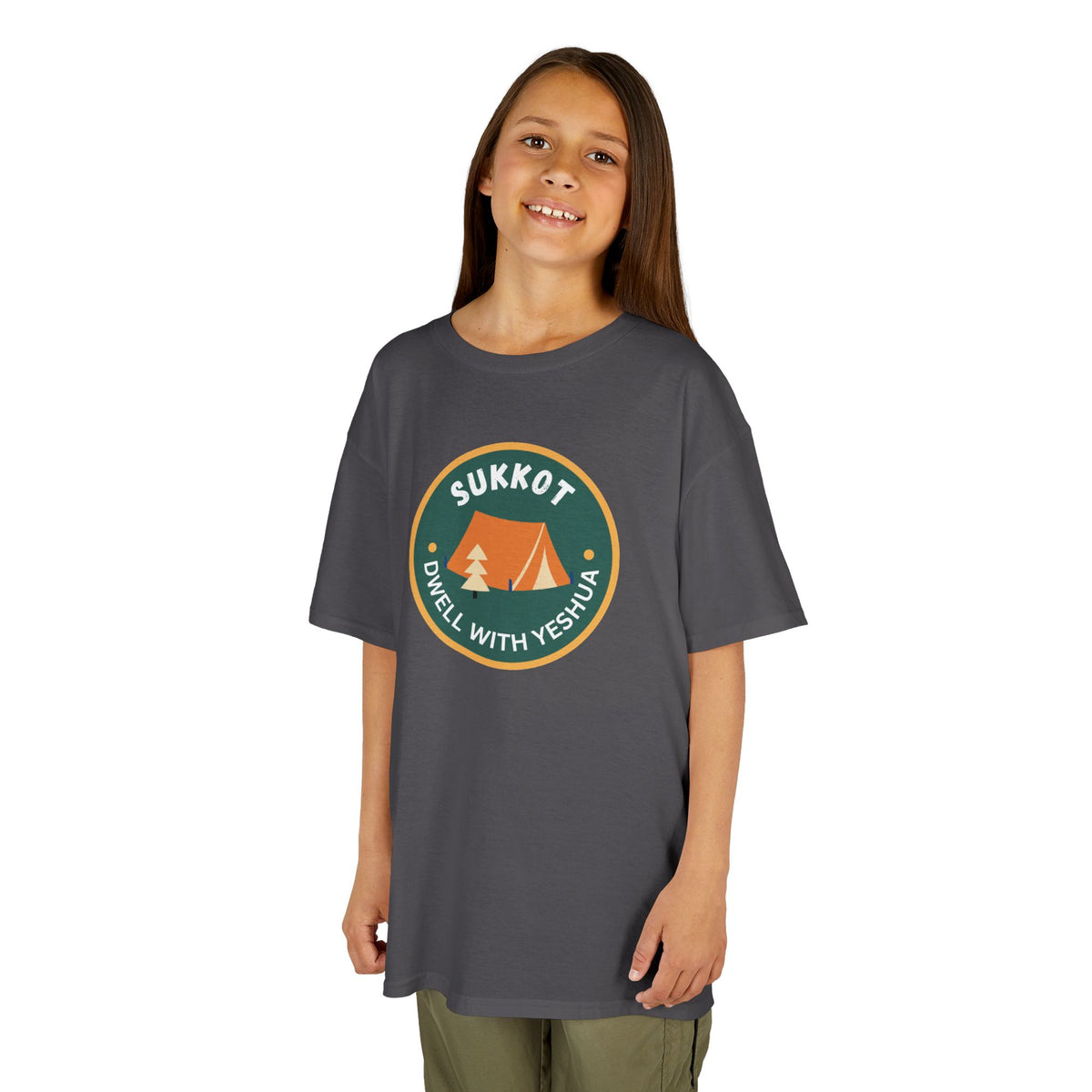 Kids Sukkot Tee — 'Sukkot - Dwell with Yeshua' Camping Badge Shirt