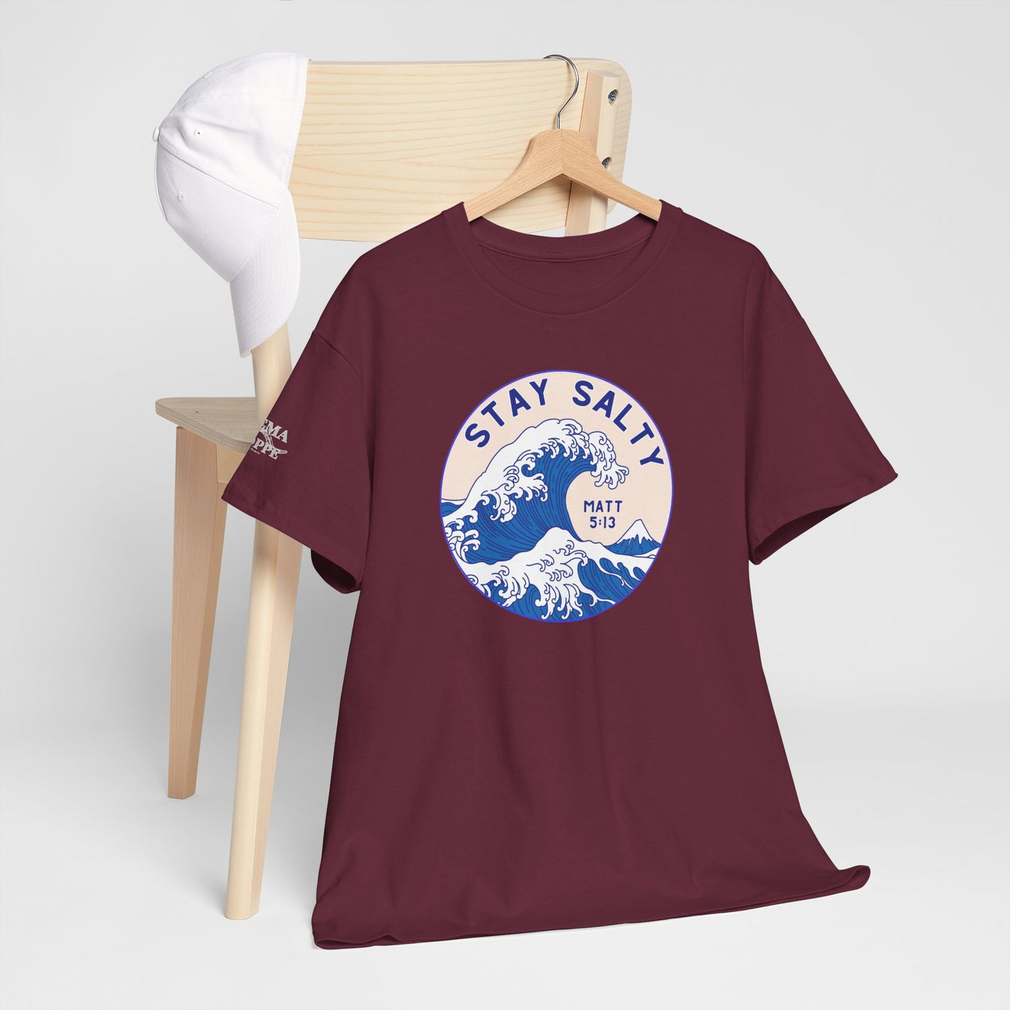 Stay Salty Surf T-Shirt — Coastal Wave Graphic with Matthew 5:13 (Hokusai-Inspired)