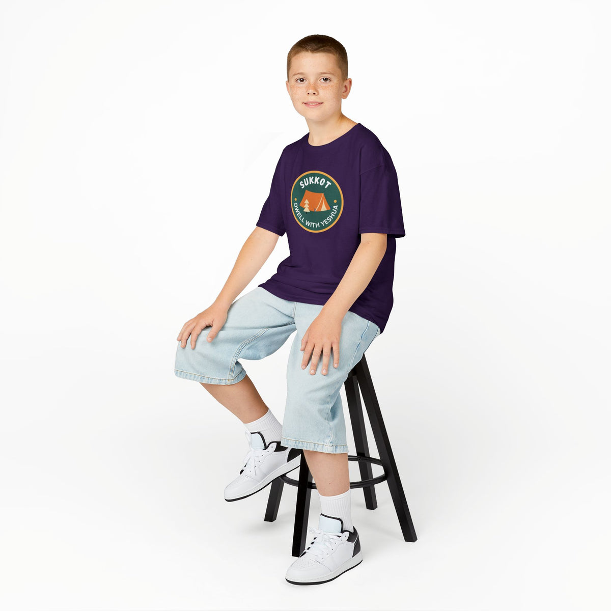Kids Sukkot Tee — 'Sukkot - Dwell with Yeshua' Camping Badge Shirt