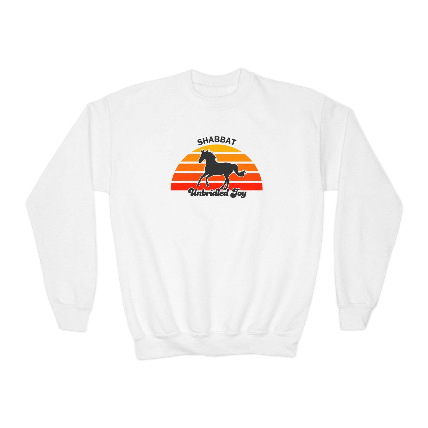 Youth Crewneck Sweatshirt — "Shabbat: Unbridled Joy" Retro Sunset Horse Design