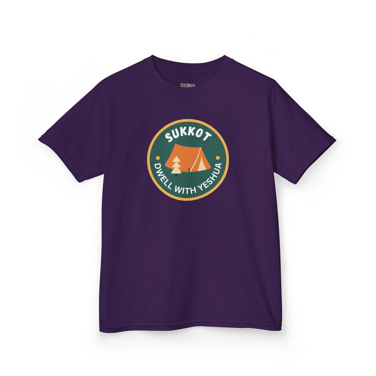 Kids Sukkot Tee — 'Sukkot - Dwell with Yeshua' Camping Badge Shirt