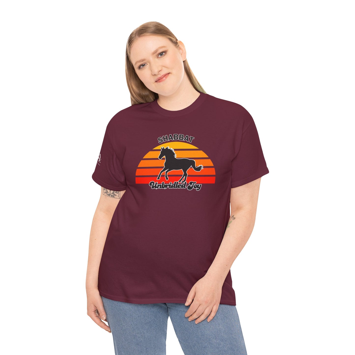 Shabbat Unbridled Joy Tee — Retro Horse Sabbath Sunset T‑Shirt