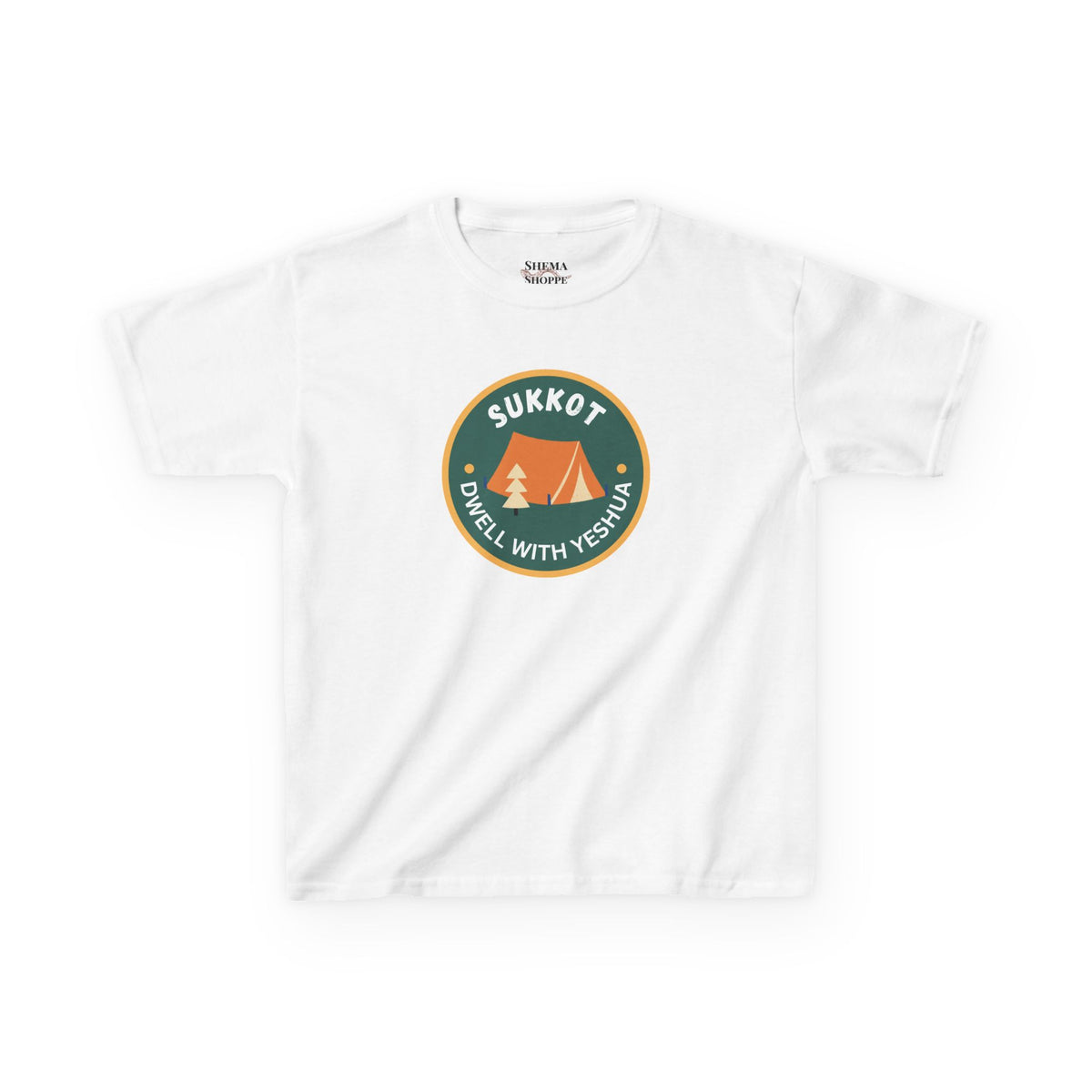 Kids Sukkot Tee — 'Sukkot - Dwell with Yeshua' Camping Badge Shirt