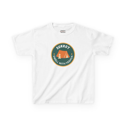 Kids Sukkot Tee — 'Sukkot - Dwell with Yeshua' Camping Badge Shirt