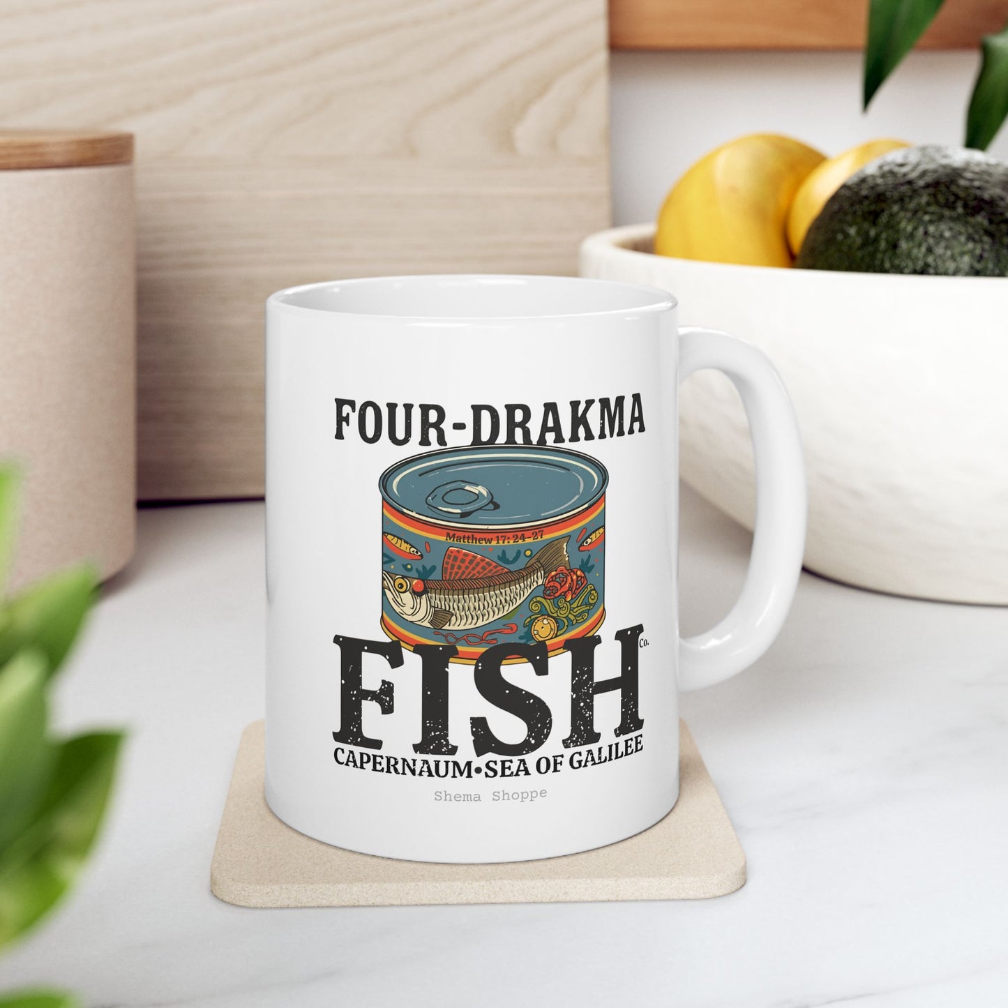 Vintage Label Four-Drakma Fish Company Ceramic Cafe Design, Funny Coffee Lover Gift, Tea Mug for Home, Office, Unique Drinkware for Bibliophiles