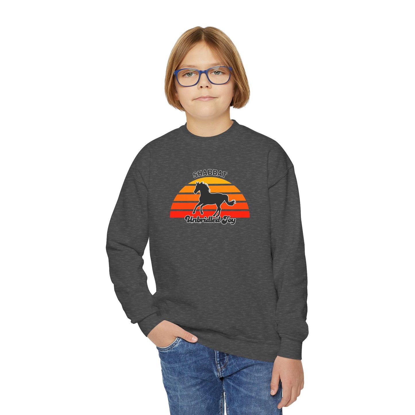 Youth Crewneck Sweatshirt — "Shabbat: Unbridled Joy" Retro Sunset Horse Design