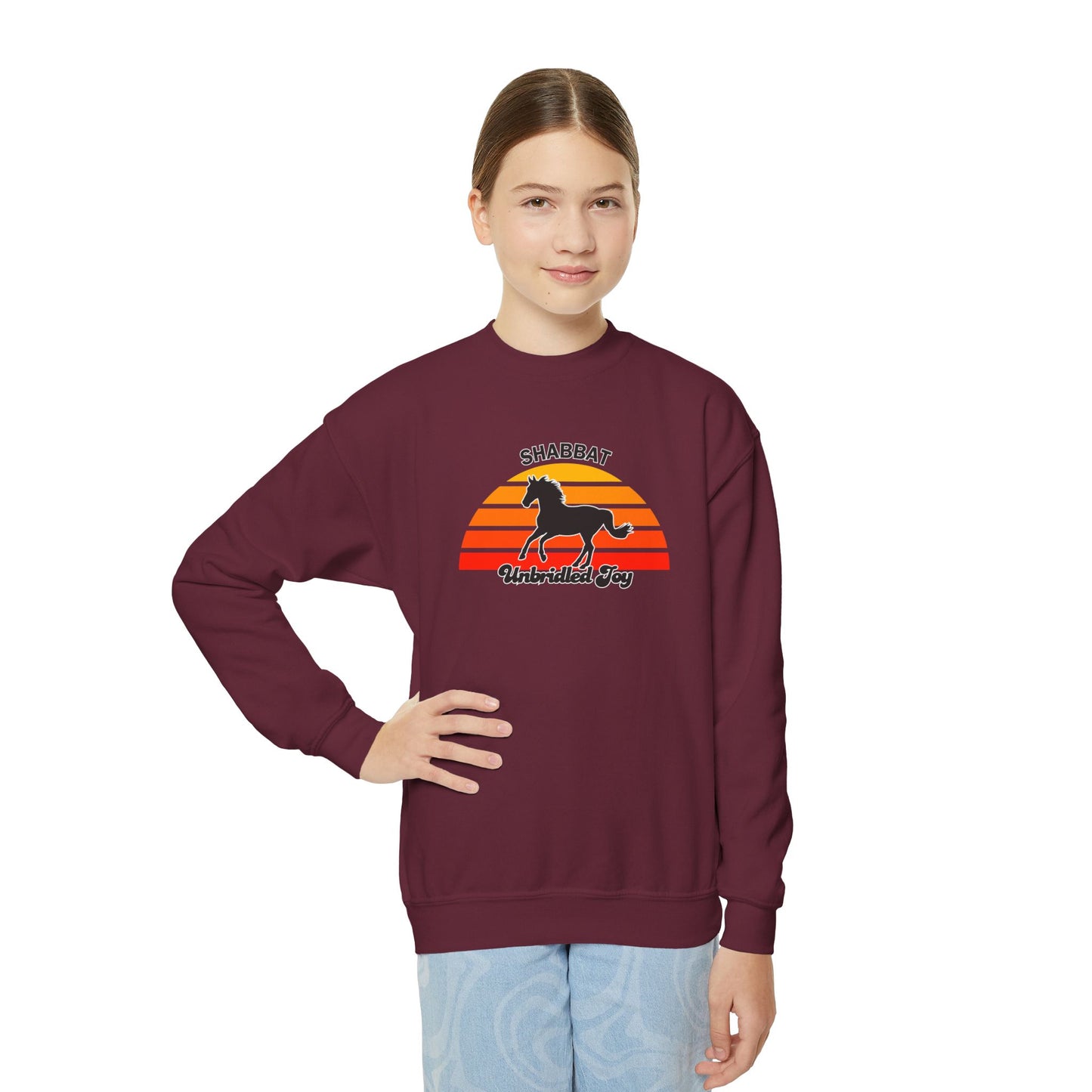 Youth Crewneck Sweatshirt — "Shabbat: Unbridled Joy" Retro Sunset Horse Design