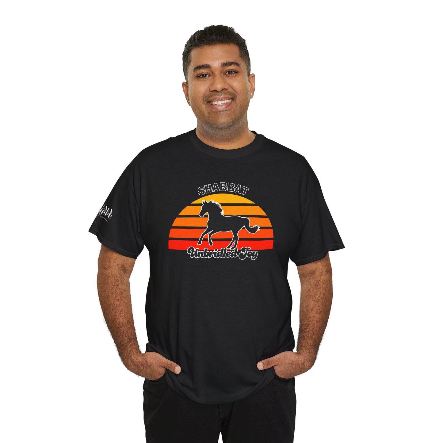 Shabbat Unbridled Joy Tee — Retro Horse Sabbath Sunset T‑Shirt