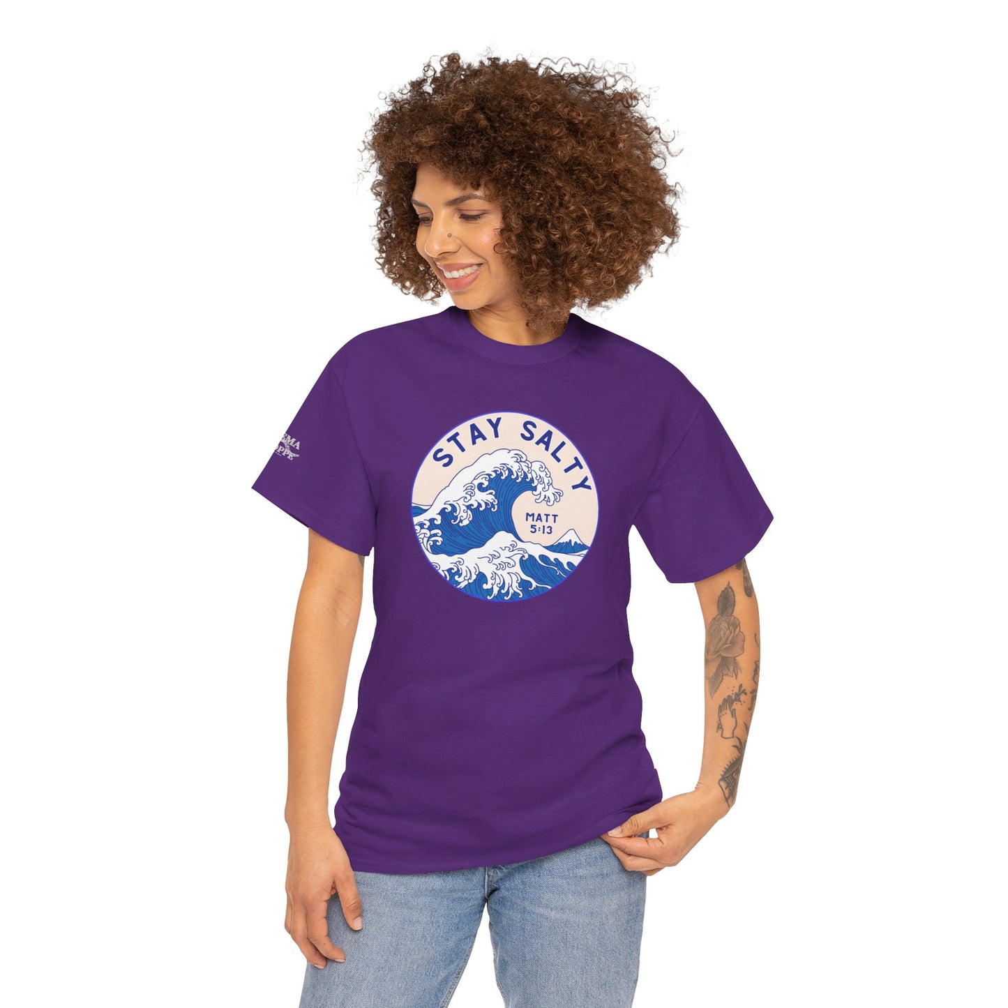 Stay Salty Surf T-Shirt — Coastal Wave Graphic with Matthew 5:13 (Hokusai-Inspired)